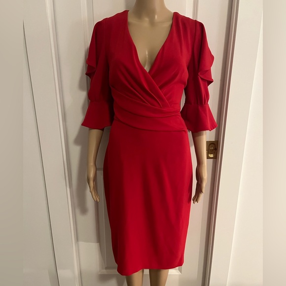 Talbot Runhof red draped dress with ruffle sleeve - Picture 1 of 5